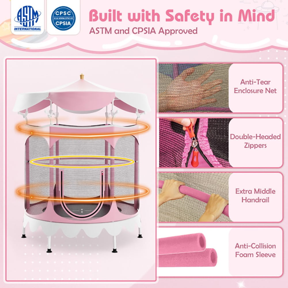 Spaco 64" Kids Trampoline with Detachable Canopy and Safety Enclosure Net-Pink, Bounce Trampoline for Outdoor as Garden, Park