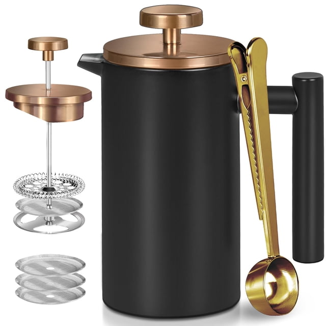 WORBIC Cafetera de prensa francesa de acero inoxidable negro, prensa francesa aislada de doble pared, para café y té, con 3 pantallas adicionales y una cuchara de café, 34 oz/1000 ml, oro