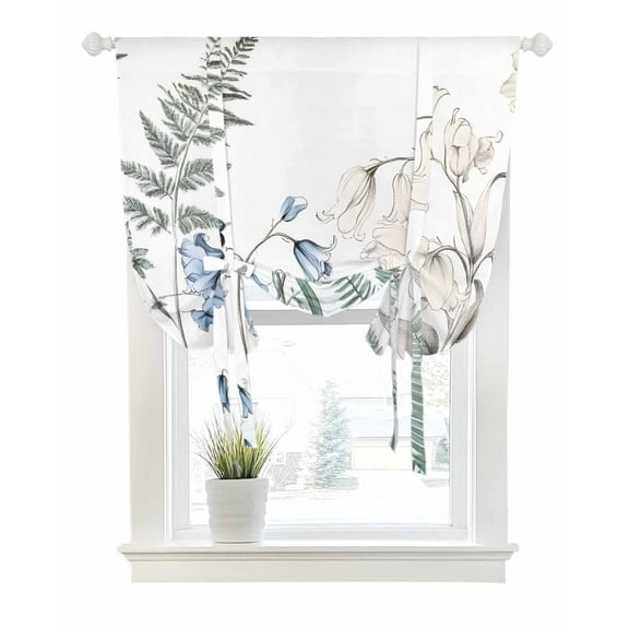 Blue Beige Floral Tie Up Curtains for Window, Thermal Insulated Balloon Shade Adjustable Rod Pocket Curtains Valance Panels for Kitchen Bathroom Cafe 42 x 54 Farmhouse Botanical