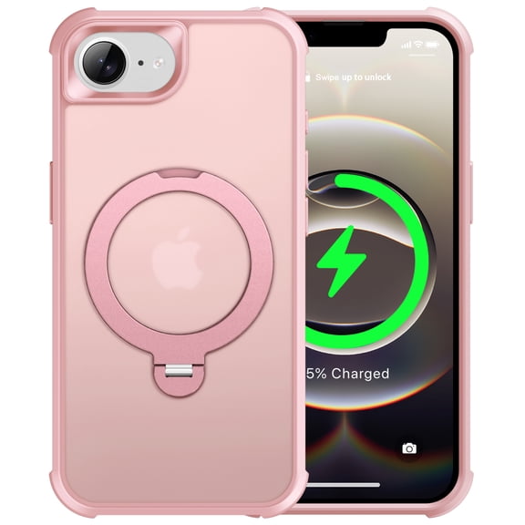 Leymi Case for iPhone 17e with Ring Holder Kickstand, Compatible with Magsafe Slim Lightweight Rugged Heavy Duty Durable Cover Case for Women Men, Pink