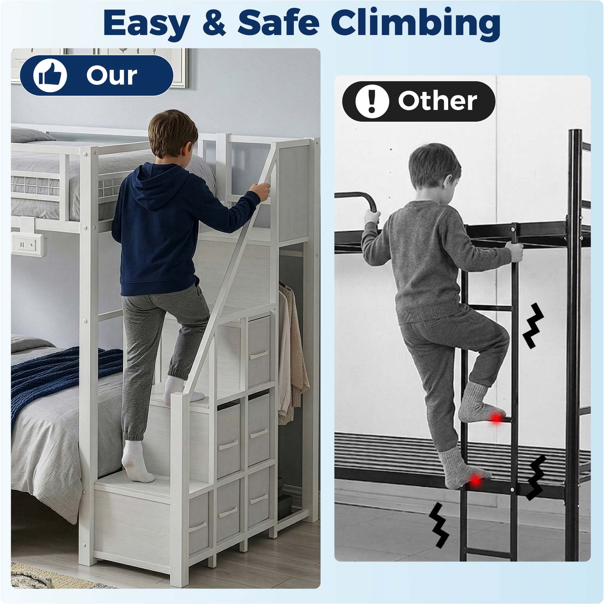 Miniyam Twin over Twin Bunk Bed with Storage Stairs and 6 Drawers, White