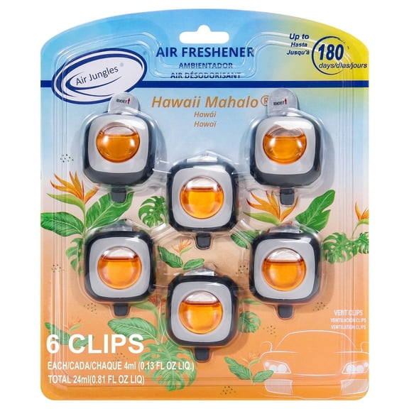 Air Jungles Hawaiian Scent Car Air Freshener Clip, 6 Vent Clips, 4 ml Each, Long Lasting Air Freshener, Up to 180 Days Car Refresher Odor Eliminator