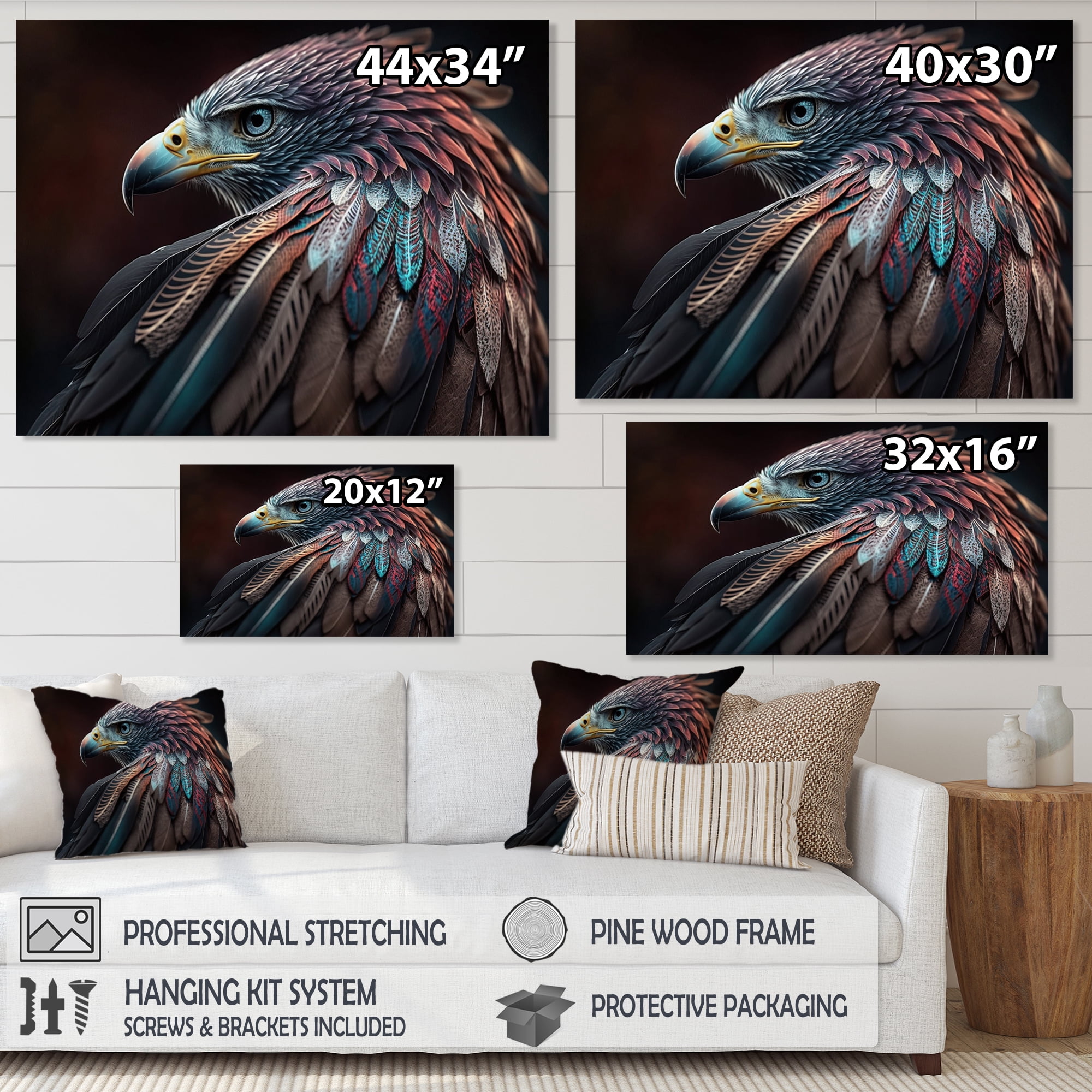 Designart Macro Colorful Feather Eagle VII Canvas Wall Art
