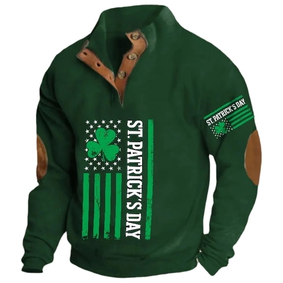 Telankuip Mens St Patricks Day Sweatshirts Quarter Button Stand Collar Long Sleeve Pullover Tops Oversized Retro Shamrock Flag Print Winter Comfy Going out Holiday Sweatshirt 4-Dark Green L