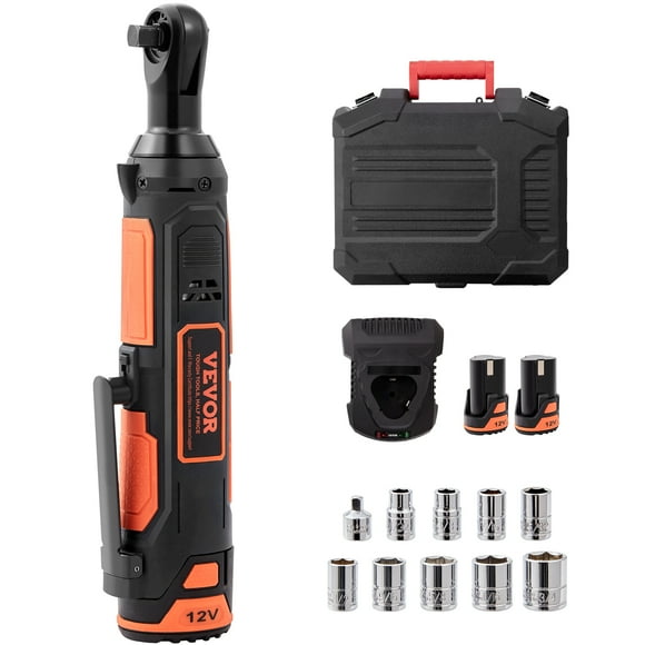 VEVOR Cordless Electric Ratchet Wrench, 3/8" Sub-Compact, 33 ft-lbs Max Torque, 45-Min Fast Charging, with 2-Pack 12V Rechargable Battery, Built-in LED Work Light, 9 Cr-V Sockets and Drive Adapter