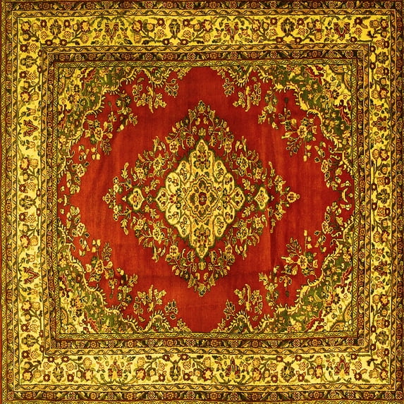 Ahgly Company Machine Washable Indoor Square Medallion Yellow Traditional Area Rugs, 7' Square