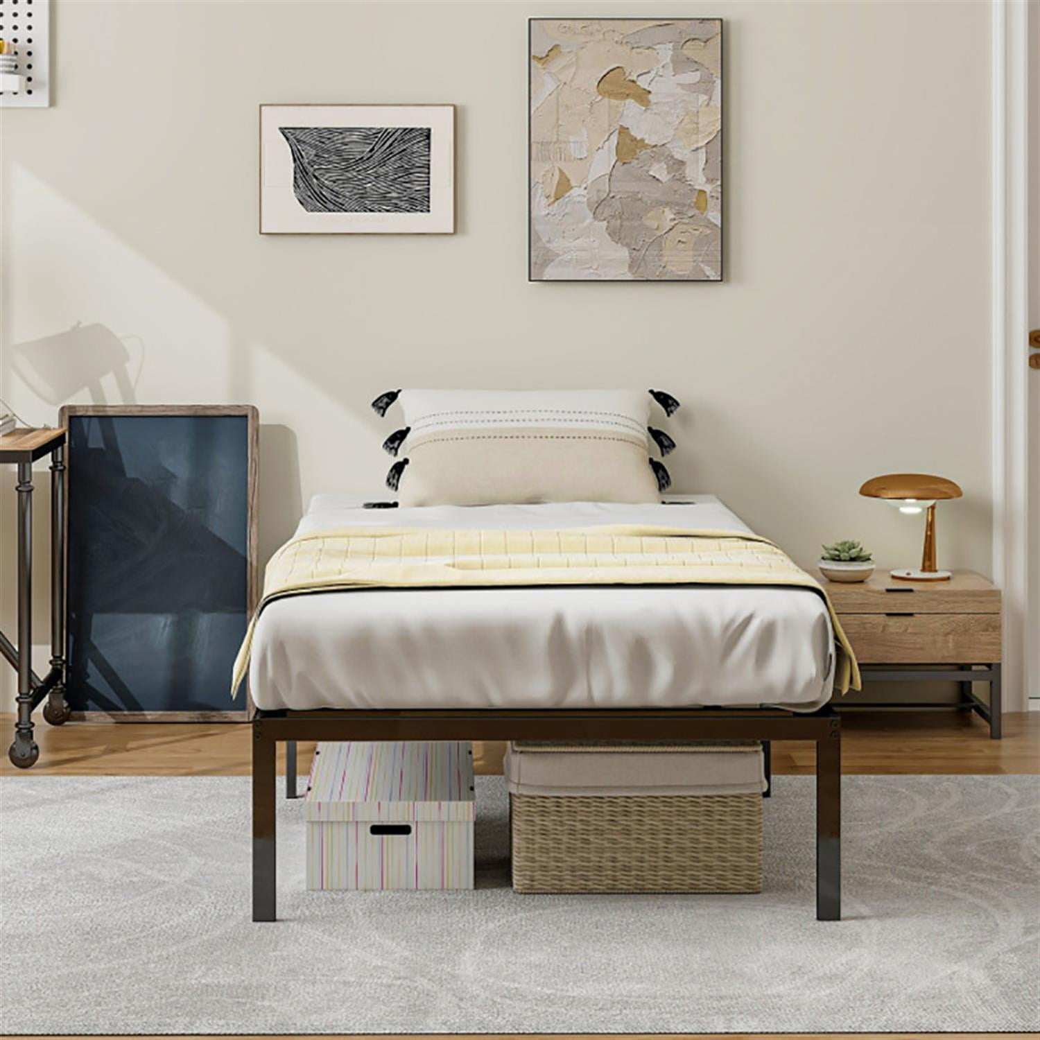 Demi Bonn Twin Bed Frames 14" Heavy Duty Metal Platform, No Box Spring Needed Underbed Storage, Easy to Assembly, Black