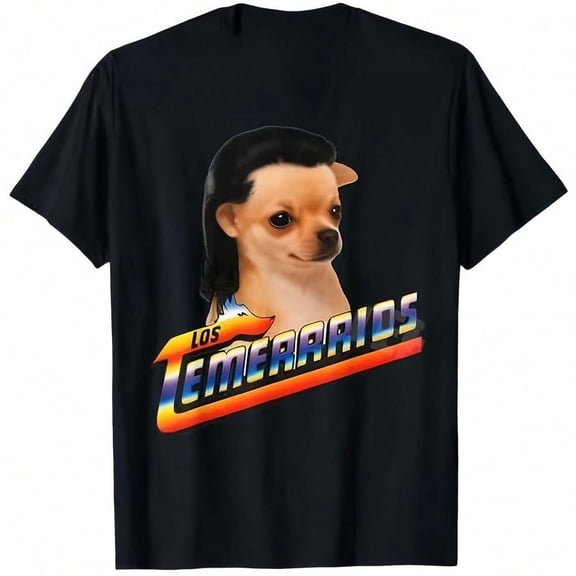 【New Arrival】Los Temeraarids Mullet Chihuahua Retro Gradient Graphic T-Shirt, Funny Pet Meme Black Casual Short Sleeve Tee