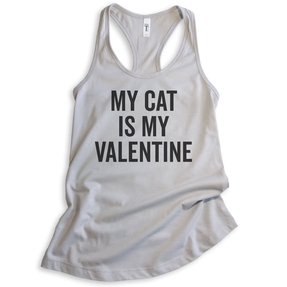My Cat Is My Valentine Tank Top, Ladies Racerback Tank Top, Cat Lover Tank, Cat Mama Tank, Silver Gray, Large