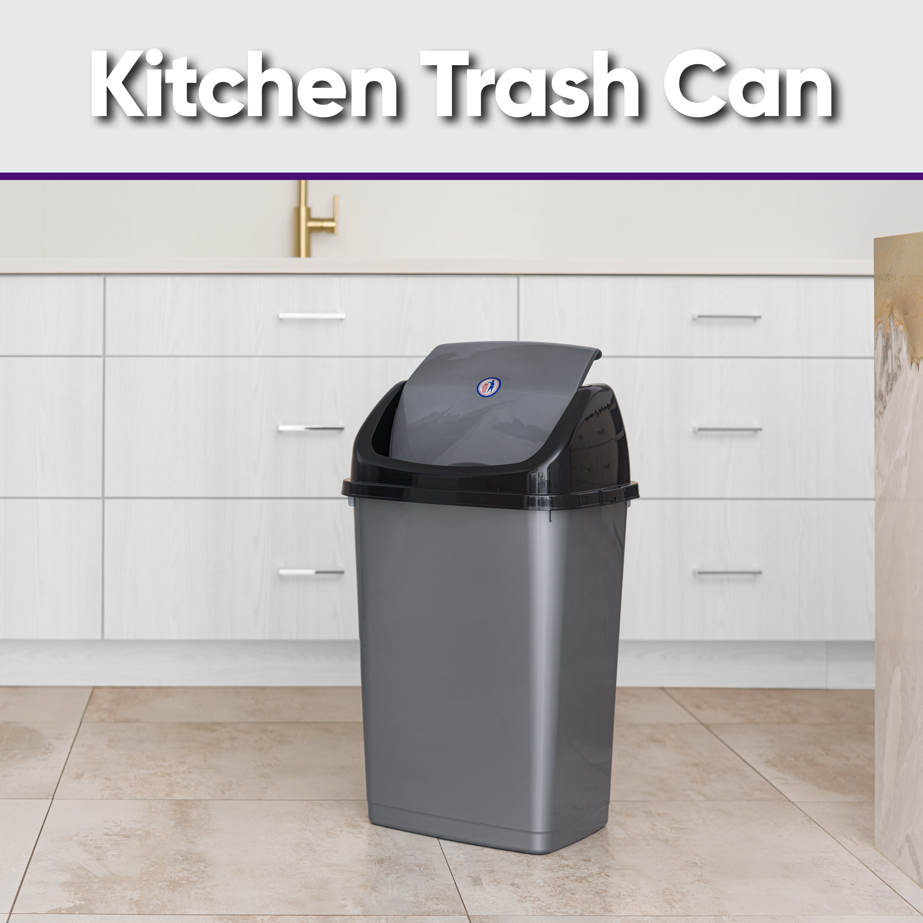 Superio Large Kitchen Trash Can 13 Gallon Grey Swing Top Trash Can with Lid, 52 Qt