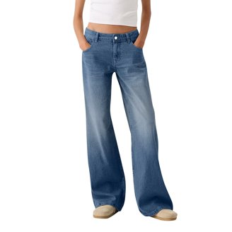 SOMTHRON Women's High Waist Baggy Cargo Jeans - Relaxed Fit, Flap Pockets, Straight Wide Leg | Y2K Vintage Denim Pants (Blue)