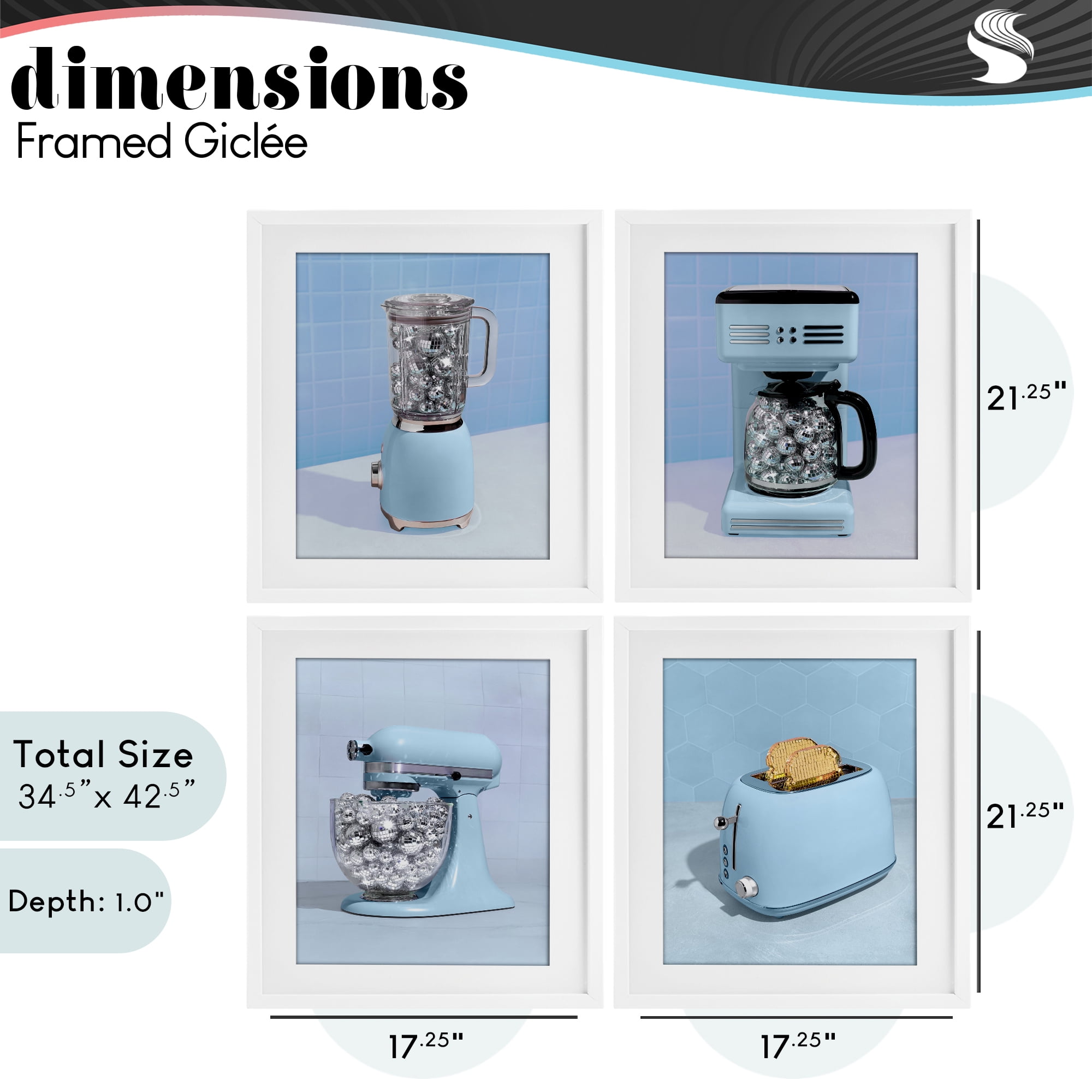 Stupell Industries Disco Kitchen Set over Blue 4 Piece White Framed Print Under Glass Set, design by LISH Creative