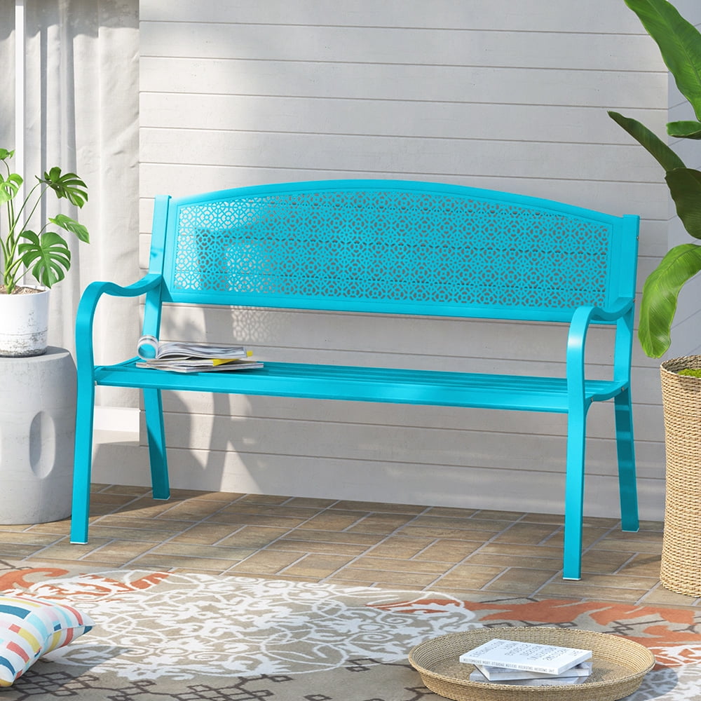 Abble High Back Outdoor Metal Garden Bench Steel Slat Patio Loveseat Park Bench for Porch Yard Lawn Patio Bench, Blue