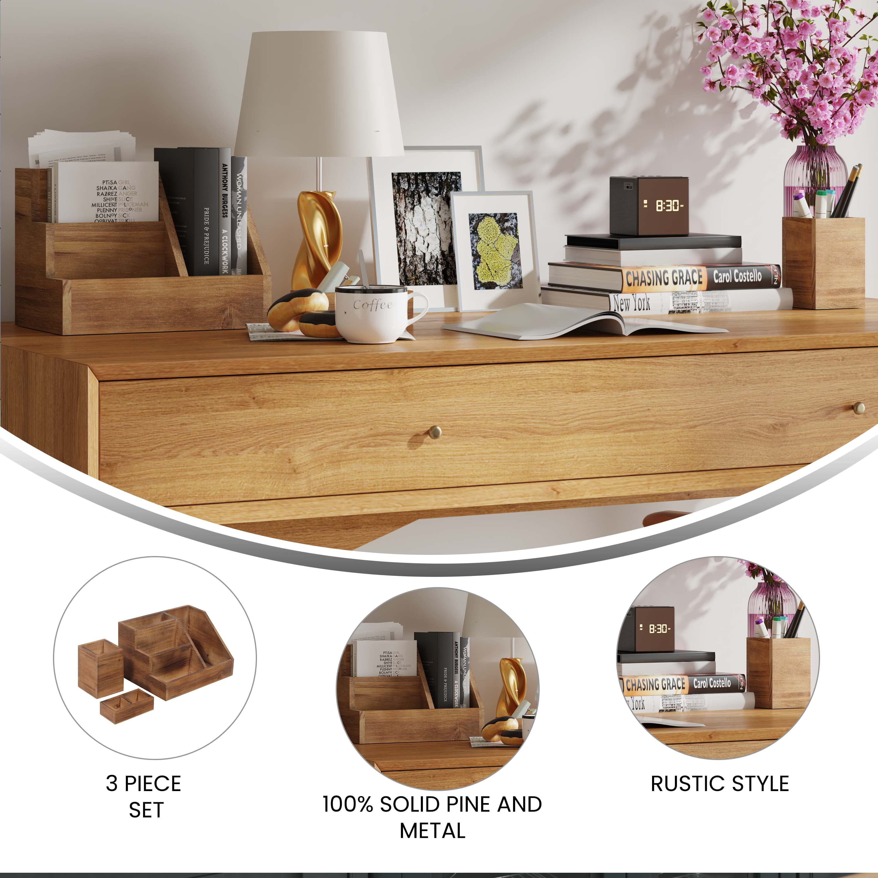 Merrick Lane 3 Piece Wooden Desk Organizer Set for Desktop, Countertop, or Vanity in Rustic Brown