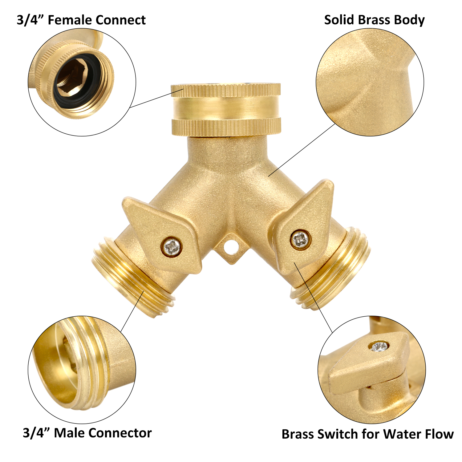 STYDDI Heavy Duty 2 Way Outdoor Brass Garden Hose Splitter, Faucet ...