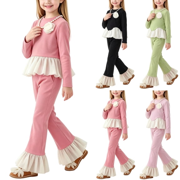 Spazoro Girls 2PC Outfit Sets, Fall Long Sleeve Round Neck Elastic Waist Matching Casual Clothing for Daily Wear Pink Size 5-6