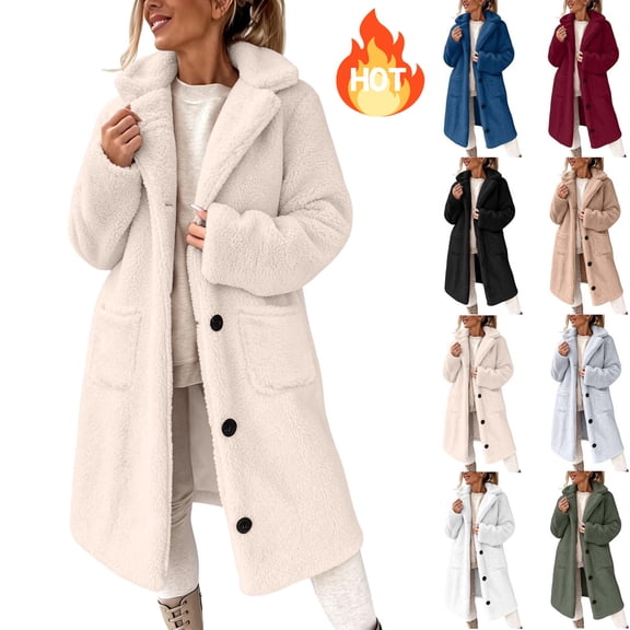 KICILVS Womens Long Fleece Jacket Oversized Fuzzy Sherpa Trench Coat Button Down Warm Winter Outwear Solid Overcoat