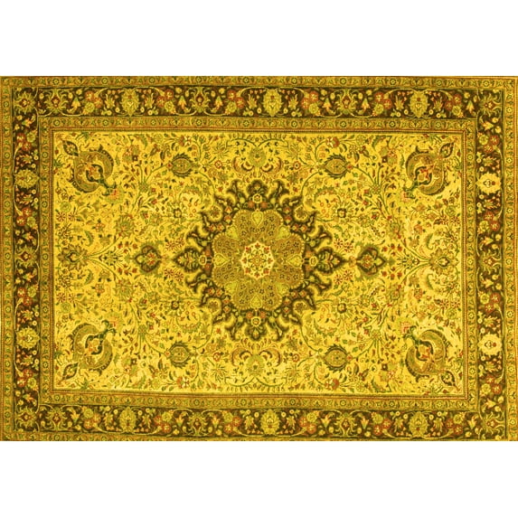 Ahgly Company Machine Washable Indoor Rectangle Medallion Yellow Traditional Area Rugs, 2' x 5'