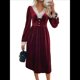 thumbnail image 2 of Vestido Formal Elegante de Terciopelo con Escote en V y Encaje Retro Estilo Vintage para Mujer. Rojo Vino S, 2 of 10