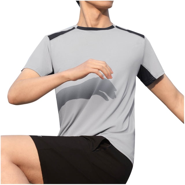 Blusa Casual de Color Sólido de los Hombres, Manga Corta Deportiva Elástica Cuello Redondo para el Gimnasio Y el Uso Al Aire Libre, Camiseta Elástica
