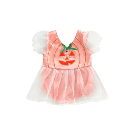 

Gureui Infant Toddler Baby Girls Casual Mesh Romper Dress Halloween Pumpkin/ Skull Print Short Sleeve Summer Jumpsuits