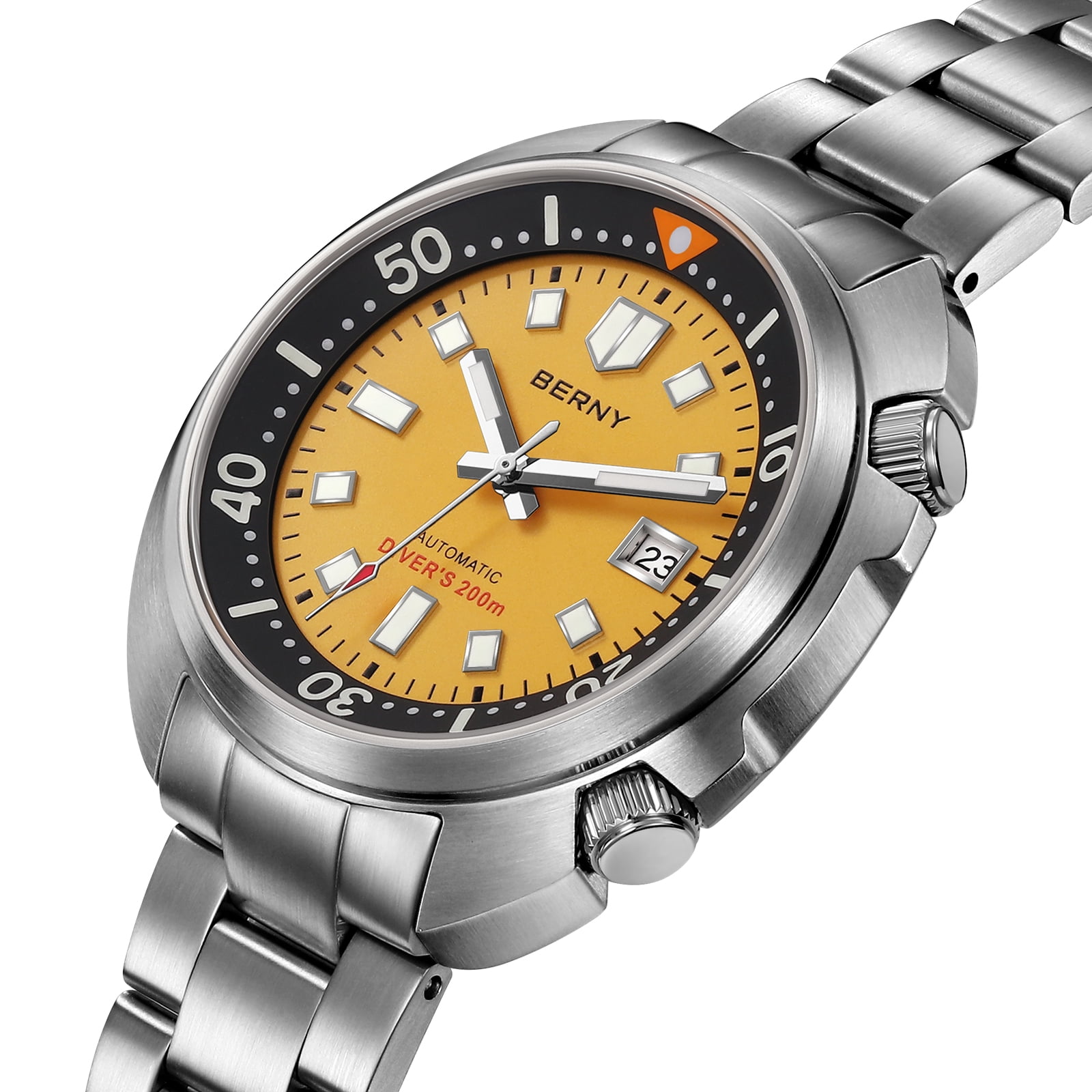 BERNY Automatic Dive Watches for Men, Sport 200M Waterproof Analog Mechanical Watch with Date Display, Super Luminous, Stainless Steel, Sapphire Crystal, Fashion Men's Diver Watch (Yellow)