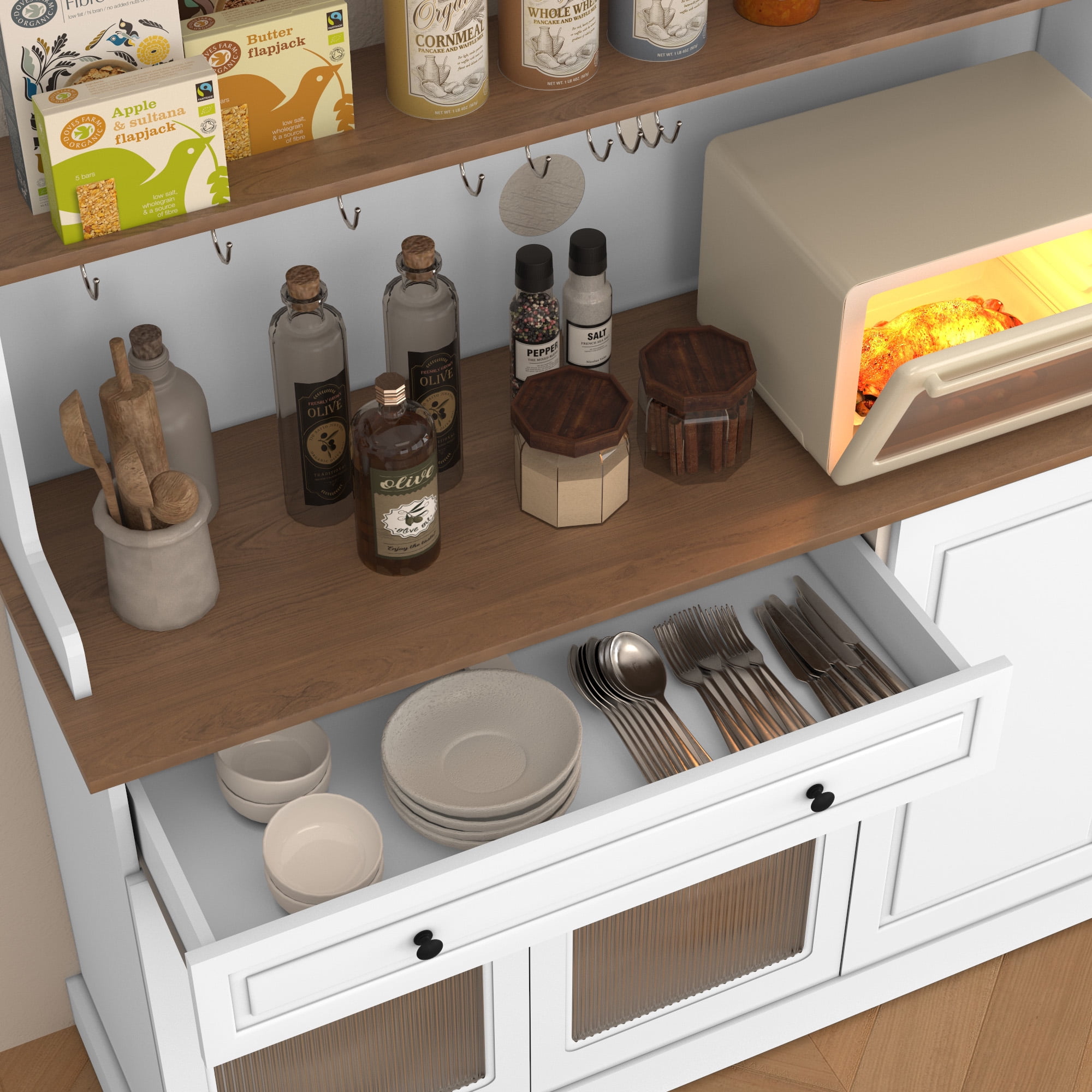 CBJCBJ 48“ Modern Wood Kitchen Pantry Cabinet with Coffee Bar, Drawer & Microwave Stand,White