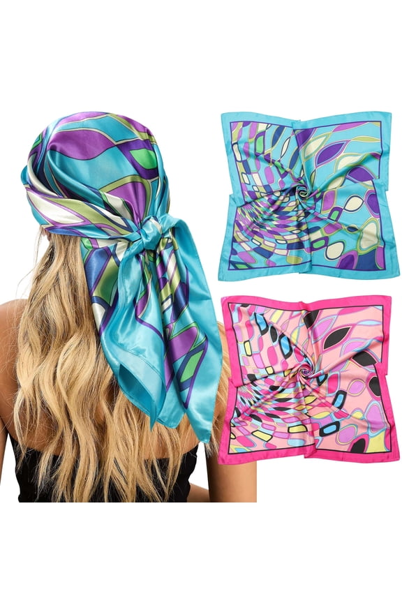 Large Square Head Women's Satin Wrap Head Scarf Set, Multicolor Silk Like Floral, 2 Pack