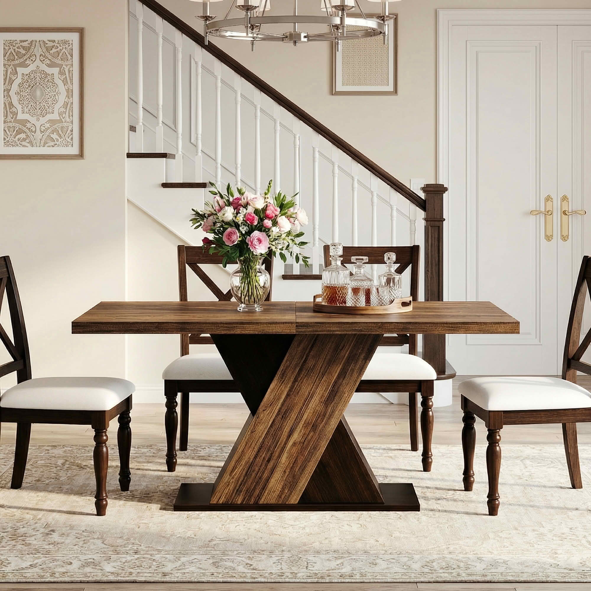 MAYEERTY 55" Farmhouse Dining Table, Dark Wood Grain 4-6 Seater Rectangular Kitchen Table, Easy Assembly
