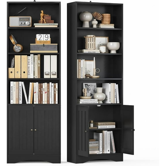 Gizoon Bookcase, Bookshelves and Bookcases, 71” 6-Shelf Bookcase with Doors, Floor Standing Display Storage Shelves, with Adjustable Shelves, for Home, Office, Living Room, Bedroom, Black