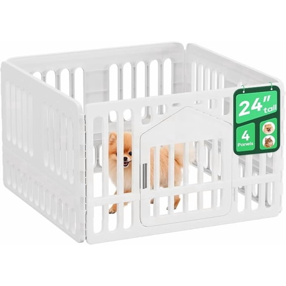 FDW Dog Playpen with Door, 24 Inch 4-Panel Puppy Play Pen for Small Dogs , Indoor Outdoor Plastic Pet Fence, Secure Locking Gate Pen, 38"L x 38"W x 24"H, White
