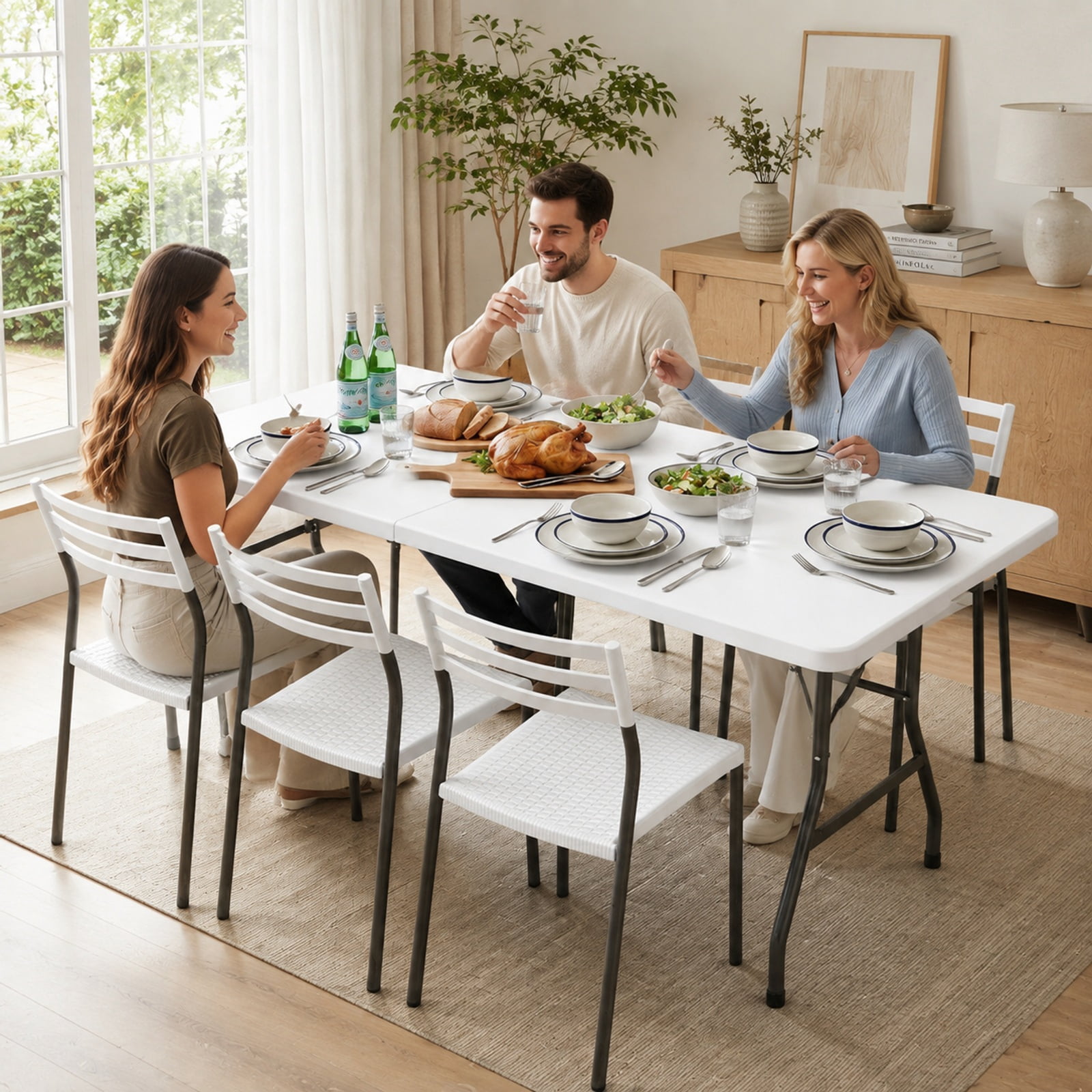 Biotree 6 FT Folding Table Plastic Fold-in-Half, Portable HDPE Camping Utility Table with Handle and 220 lbs Capacity for Party Picnic, White