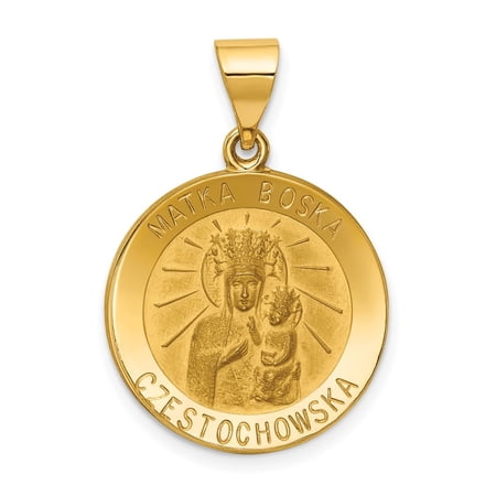 Diamond2Deal 14K Yellow Gold Polished and Satin Hollow Matka Boska Cubic Zirconiaestochowska Medal Reversible Round Pendant