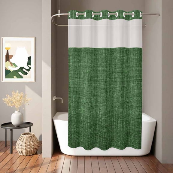 Vintage Dark Shower Curtain, Green Linen Texture Farmhouse Waterproof No Hooks Bath Shower Curtain with See Through Top Window for Bathroom Bathtub 36x78in