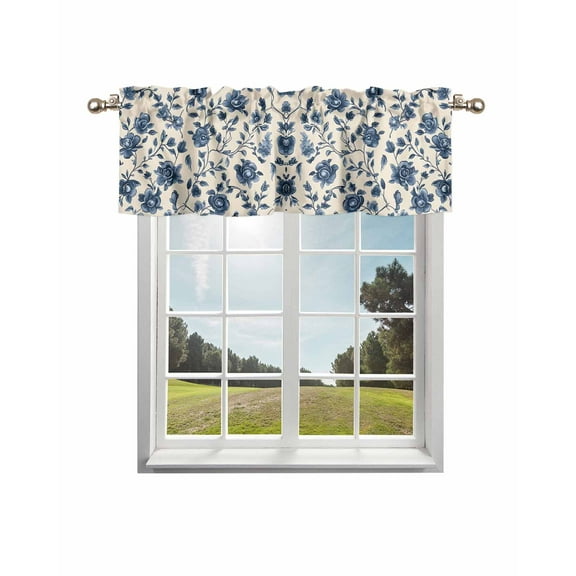 Navy Blue Floral Curtain Valance for Windows/Living Room/Kitchen/Bathroom/Café, Short Rod Pocket Tier Curtain Window Treatment Panel Spring Vintage Blossom Botanical Topper Curtain 42''x12''