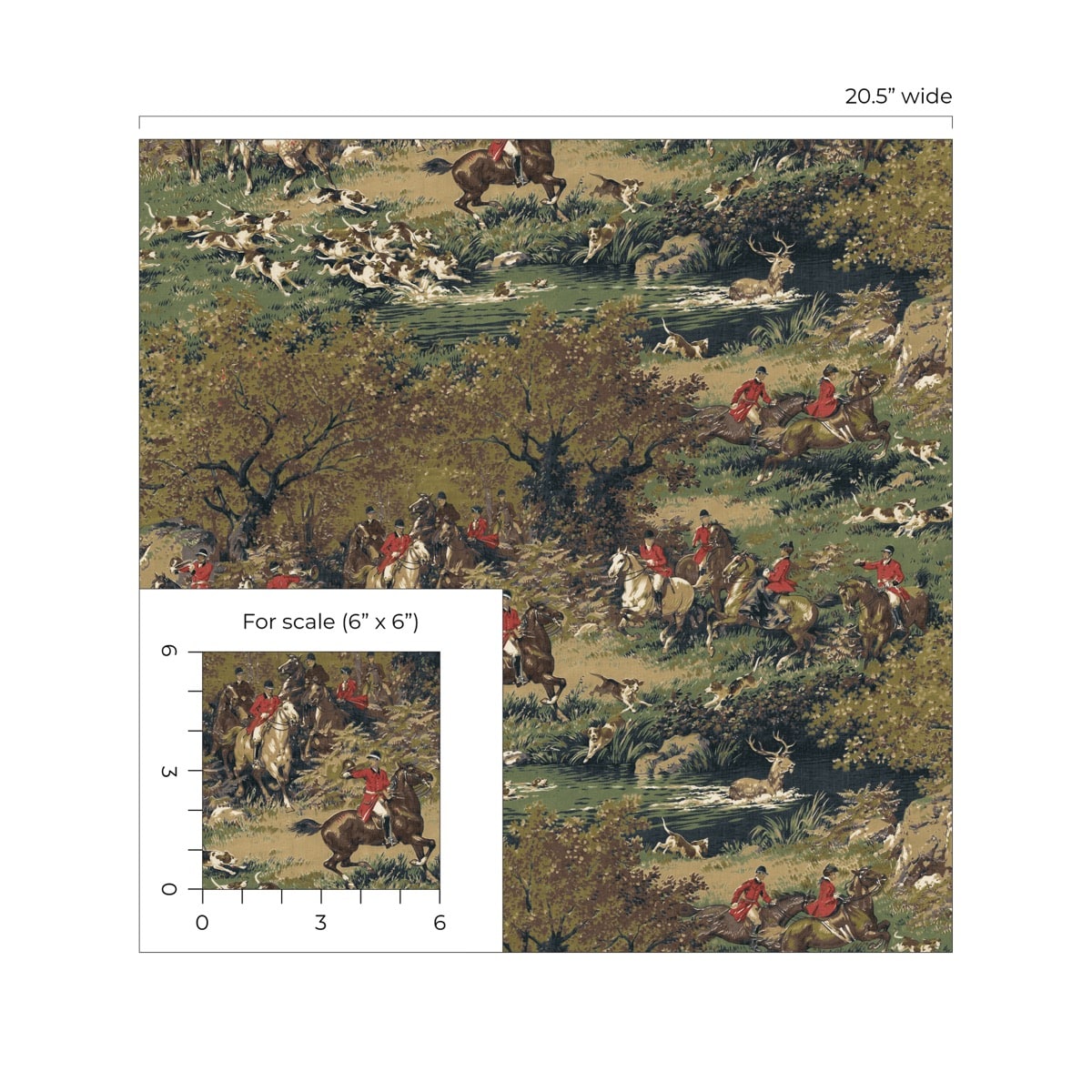 Harry & Grace Olive & Midnight Taunton Hunt Scene Premium Matte Non-Woven Peel and Stick Wallpaper - 20.5 in. W x 18 ft. L Roll
