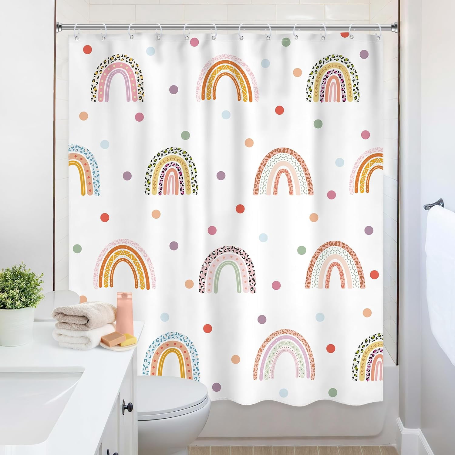 Kids Rainbow Shower Curtain 72Wx72L Inch Girls Cartoon Boho Cute Leopard Cheetah Print Polka Dot Unique Shower Curtain Bathroom Set Colorful Bath Curtain Bathtub Accessories Home Decor