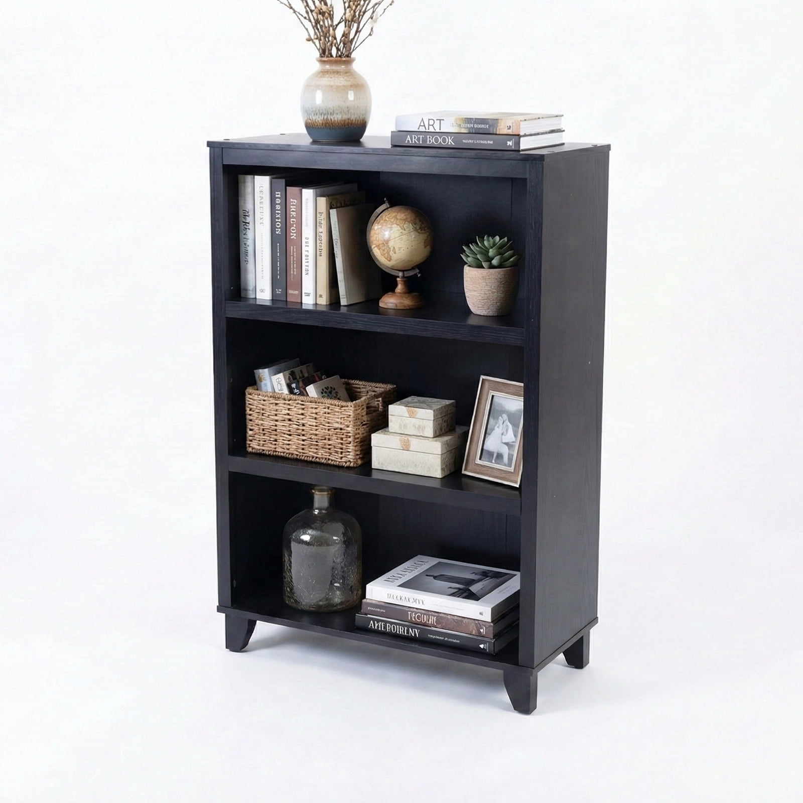 3-Tier Bookcase with Adjustable Shelves，27.56"W x 11.83"D x 40.16"H Floor Standing Open Bookshelf with Wood Legs for Home Office, Living Room, and Bedroom Storage,Black