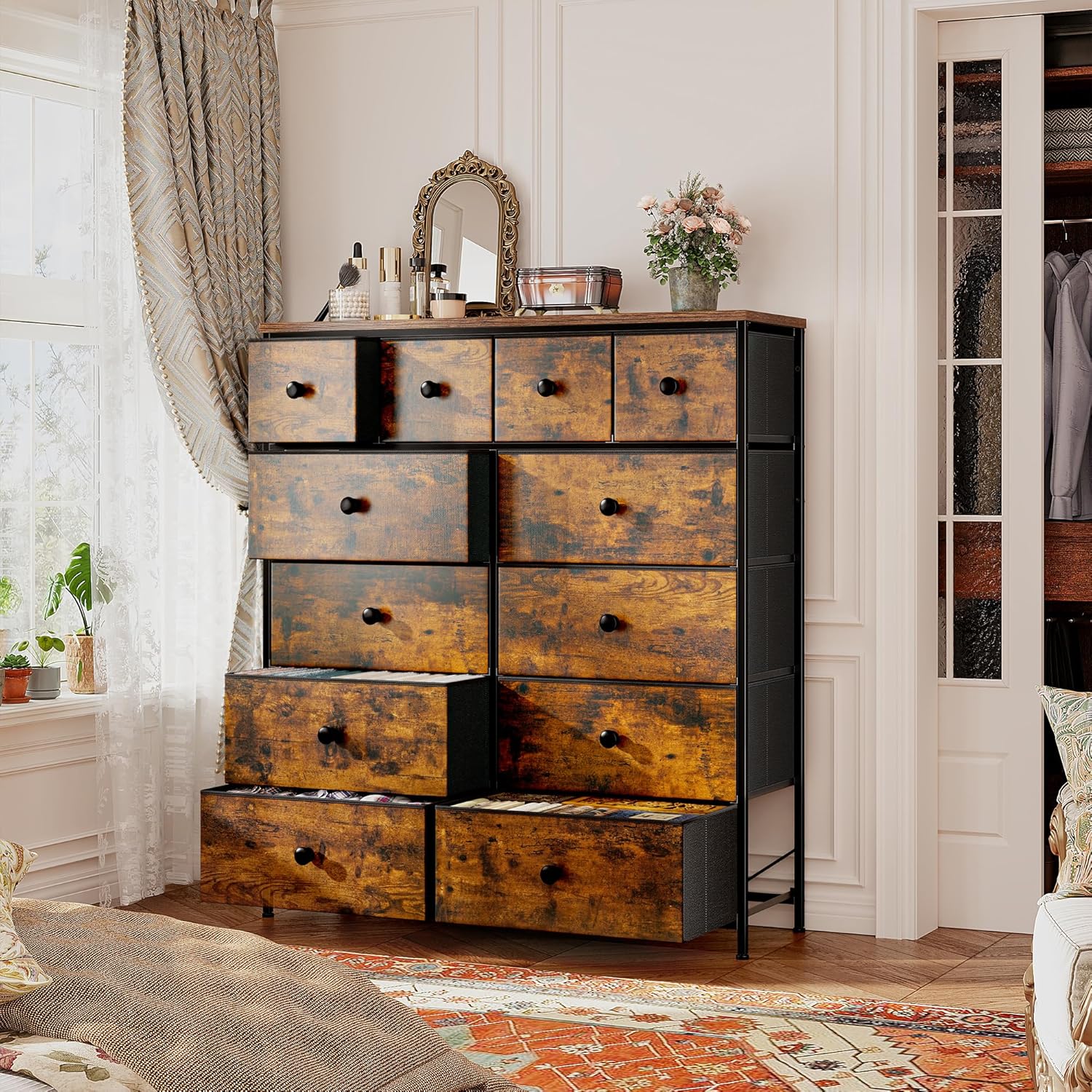 Dresser for Bedroom Tall Dresser with 12 Drawers Fabric Dressers & Chests of Drawers, Bedroom Dresser with Metal Frame, Wood Top, Entryway Living Room Closet, Rustic Brown