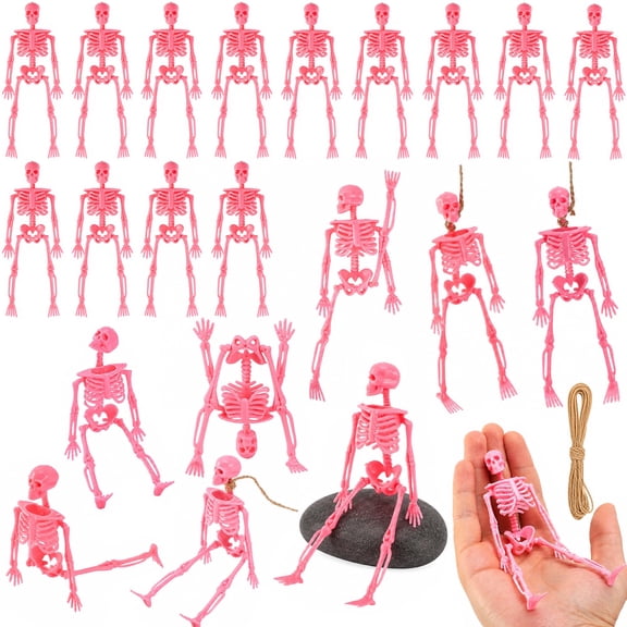 EBaokuup 24 Pcs 6 inch Pink Skeleton Hanging Decorations, Posable Halloween Figurines with Jute Rope