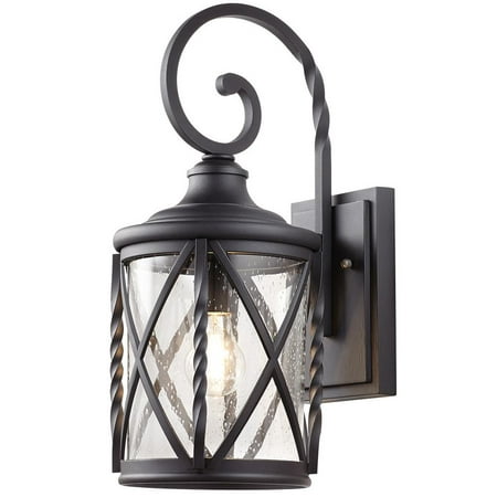 1-Light Black Outdoor Wall Lantern with Seeded Glass