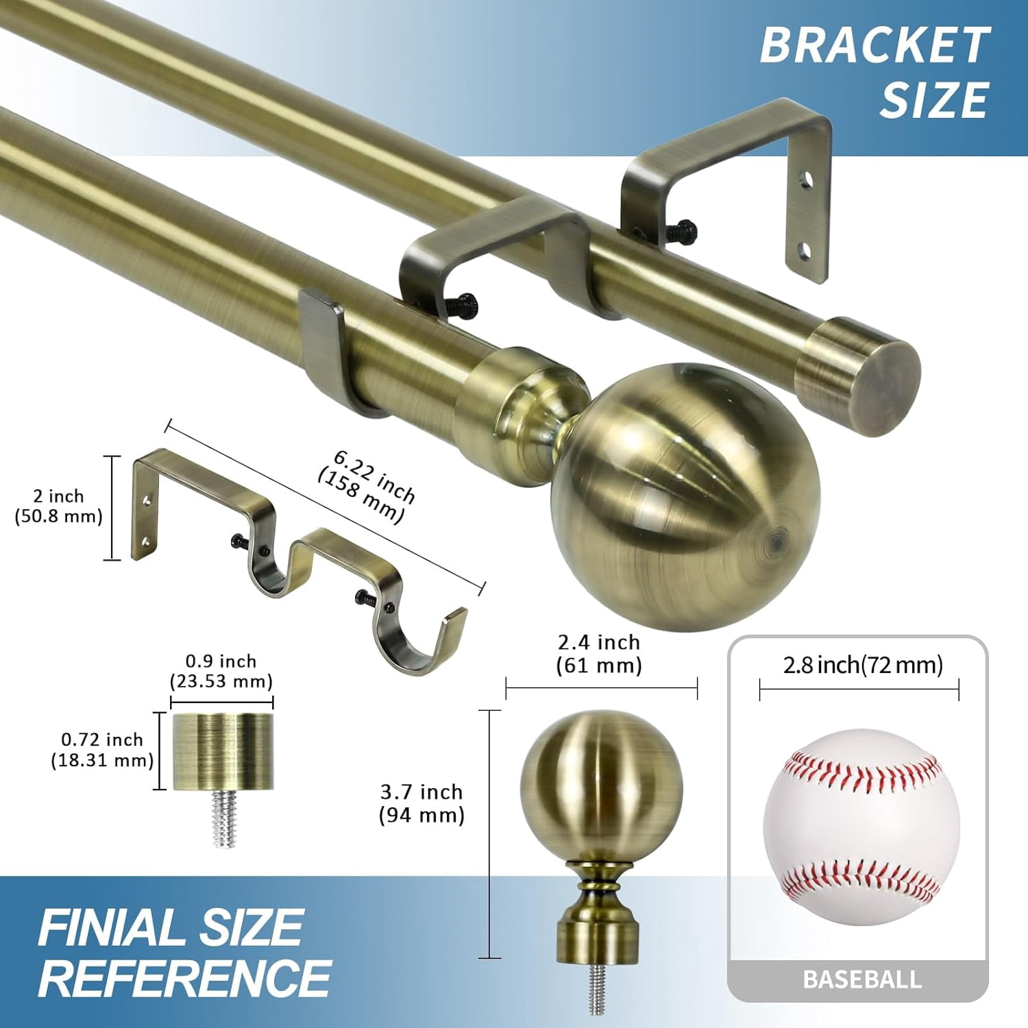 Urbanest Adjustable Double Curtain Rod Set Steel Ball Manhattan Finials – 1″ Front & 3/4 Back Rod With Antique Brass Rod, 28–48 Inches