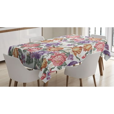 Ambesonne Floral Tablecloth Rectangular Table Cover, Retro Flowers and Curls, 60"x84", Multicolor