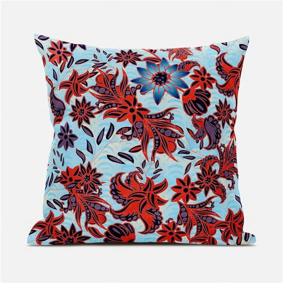 Amrita Sen Designs  28 x 28 in. Flying Floral Paisley Broadcloth Indoor & Outdoor Blown & Closed Pillow - Sky Blue, Red & Purple