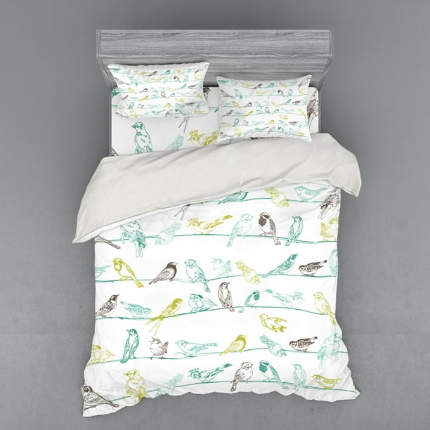 Birds Duvet Cover Set, Various Type of Birds Sitting and Chirping on