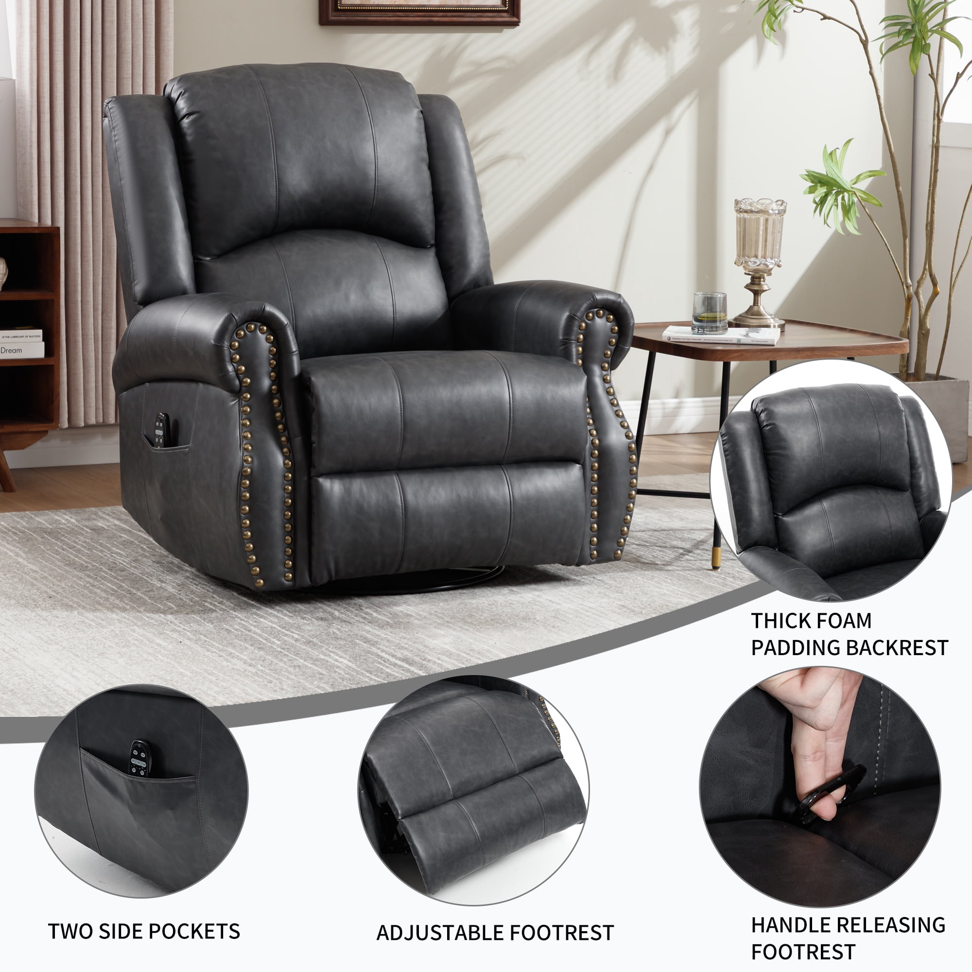 Leumius Oversized Swivel Recliner Chair for Adults,Swivel Rocker Recliner with Vibration Massage and Lumbar Heating for Living Room,Rivet Design,Gray