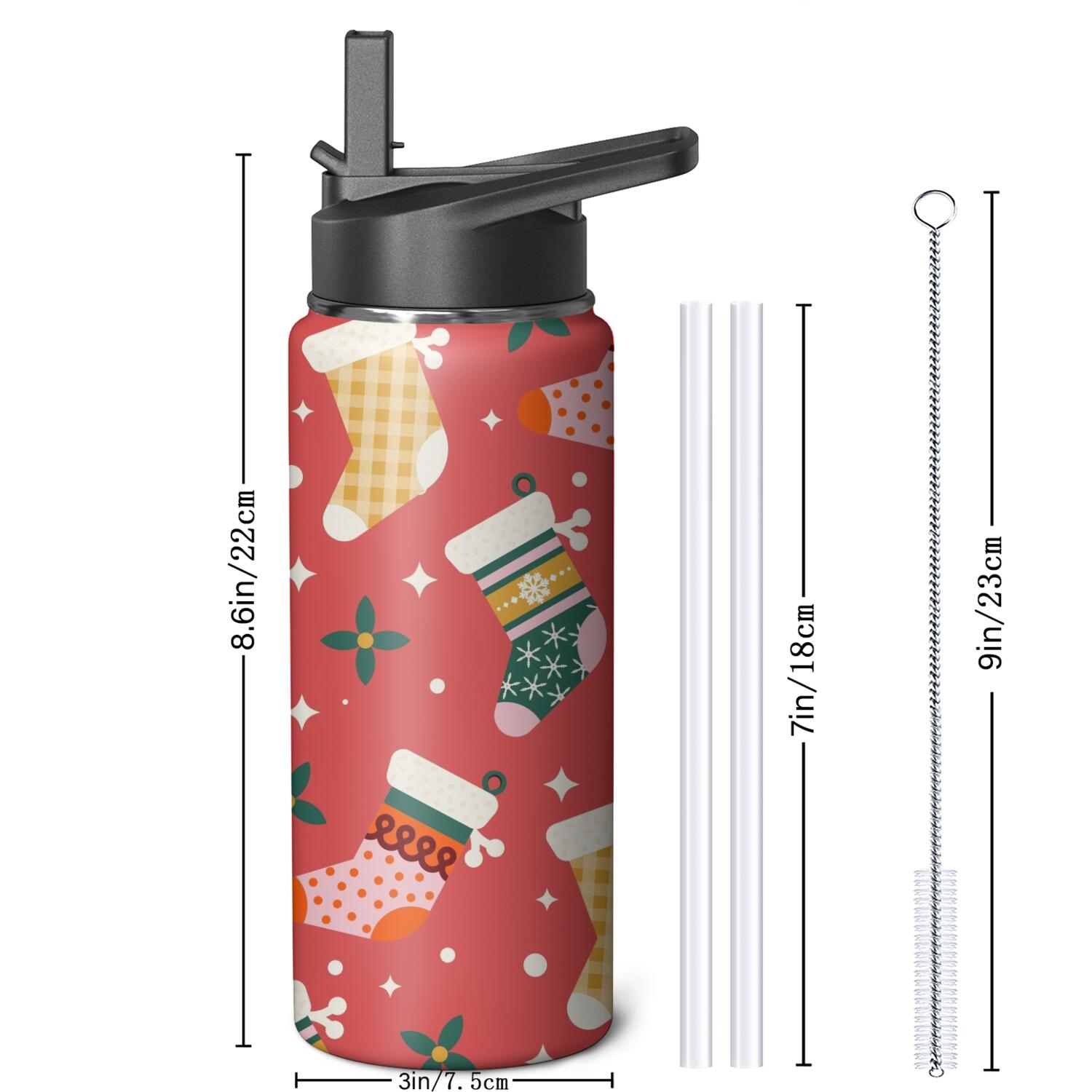 Christmas 18 oz Insulated Stainless Steel Water Bottle with Straw & Cleaning Brush , Leakproof, BPA-Free, 304 Stainless Steel, Wide Mouth, Travel Mug for Car, Gym, Office