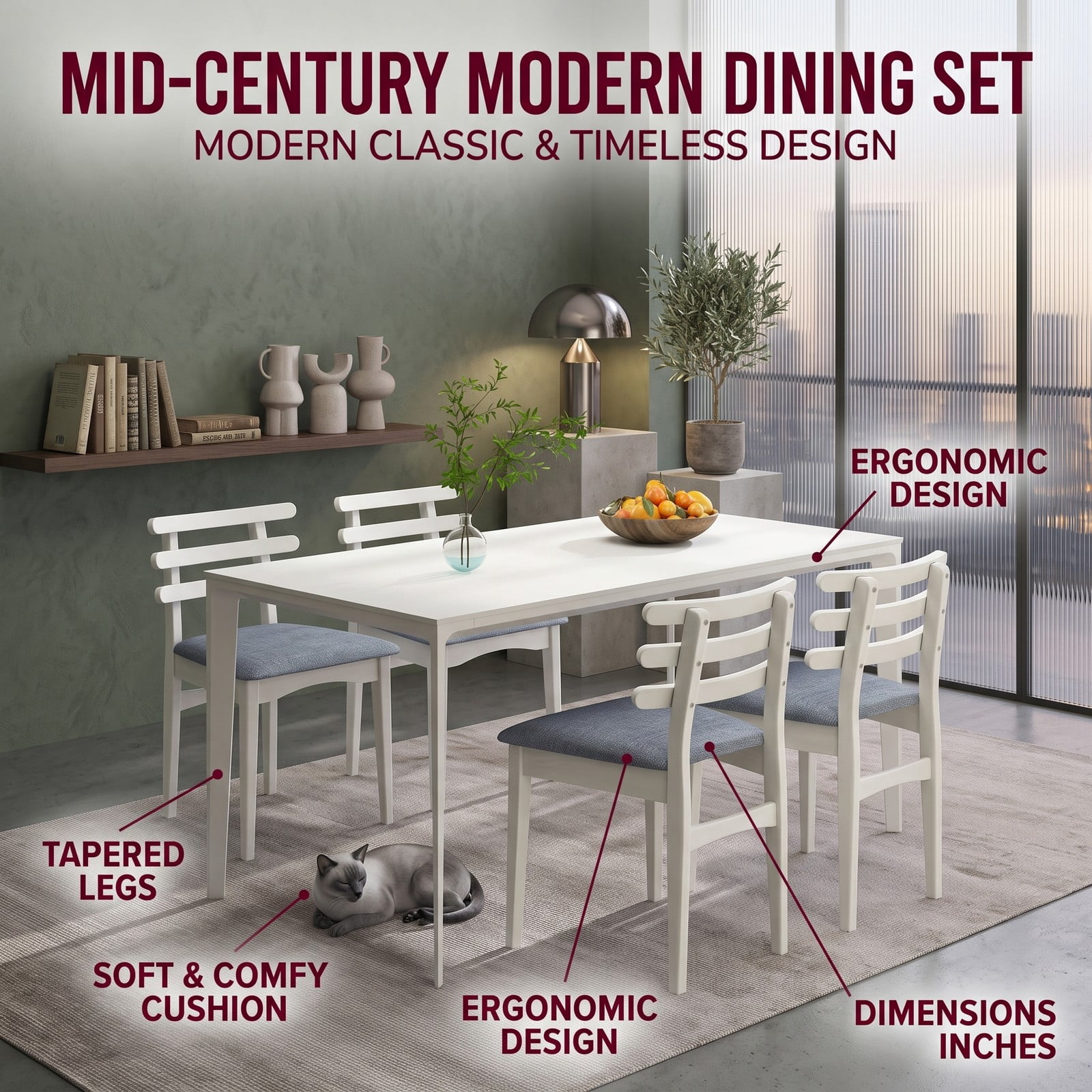 Furnibear Set of 2 Fabric Kitchen Dining Chairs, Upholstered Side Chairs with Rubber Wood Frame, Padded Polyester Seat and Ladder Backrest for Restaurant Home, White