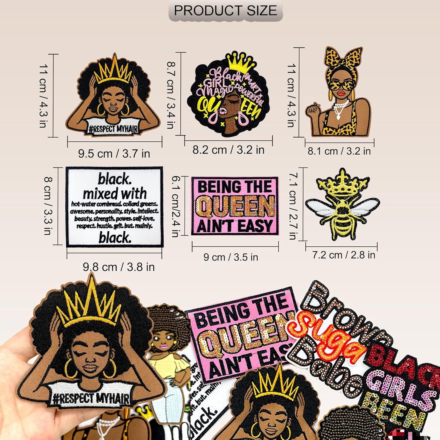 Sequin Black Girl Iron On Patches, Queen Embroidered Patch for Clothes, Women Applique for Backpacks, Hats, Jeans, Jackets - 11PCS