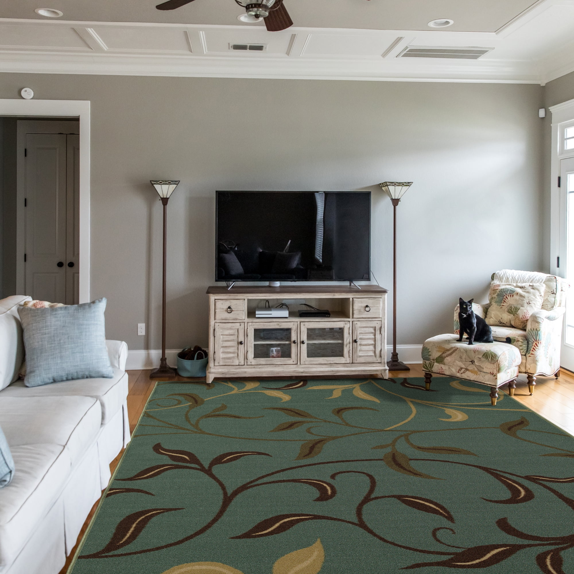 Ottomanson Non-Slip Area Rug for Living Room 7'10" x 9'10" Durable Low Profile Carpet, Seafoam Green Leaf